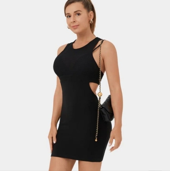 Halara Round Neck Contrast Mesh Backless Racerback Cut Out Bodycon Mini Casual D - Picture 1 of 7